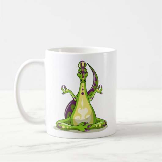 Een Cartoon Iguanodon dinosaurus die yoga doet. Koffiemok (Links)