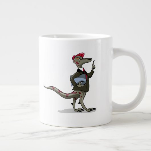 Een Cartoon Iguanodon klerk. Grote Koffiekop (Rechts)