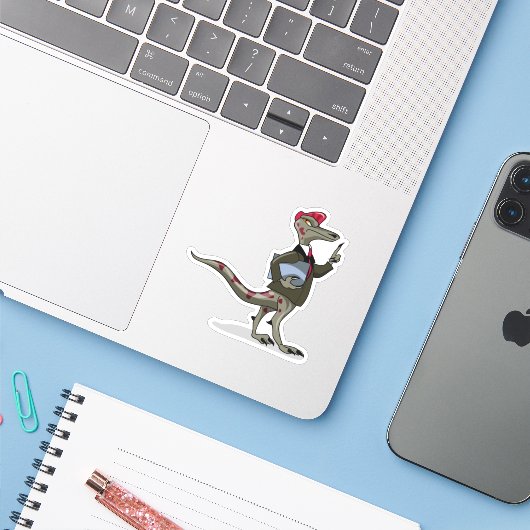 Een Cartoon Iguanodon klerk. Sticker (Laptop met iPhone)
