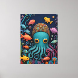 Een cartoon octopus met veel vissen canvas afdruk