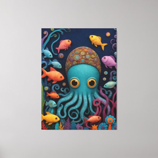 Een cartoon octopus met veel vissen canvas afdruk (Voorkant)