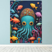 Een cartoon octopus met veel vissen canvas afdruk (Insitu (Houten vloer))