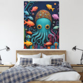Een cartoon octopus met veel vissen canvas afdruk (Insitu (Slaapkamer))