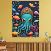 Een cartoon octopus met veel vissen canvas afdruk (Insitu (Woonkamer))
