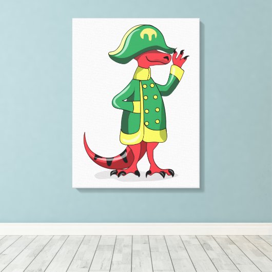 Een Cartoon Tyrannosaurus Rex verkleed als Napoleo Canvas Afdruk (Insitu (Houten vloer))