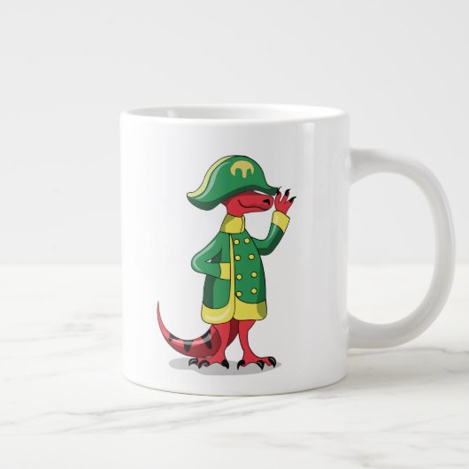 Een Cartoon Tyrannosaurus Rex verkleed als Napoleo Grote Koffiekop (Rechts)