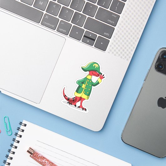 Een Cartoon Tyrannosaurus Rex verkleed als Napoleo Sticker (Laptop met iPhone)