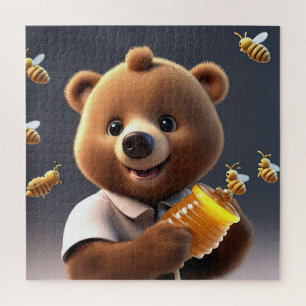 Een cartoon van bruin beer die graag honing eet legpuzzel