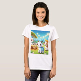 Een cartoon van een boerderij scene met drie t-shirt