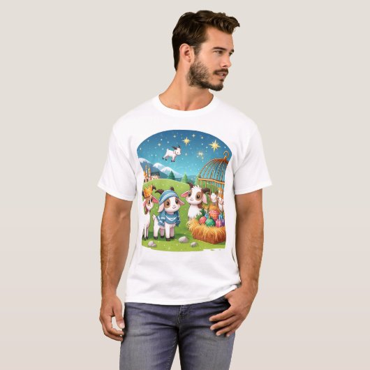 Een cartoon van een kerststal met een t-shirt (Voorkant volledig)