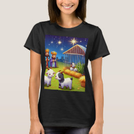 Een cartoon van een kerststal met t-shirt