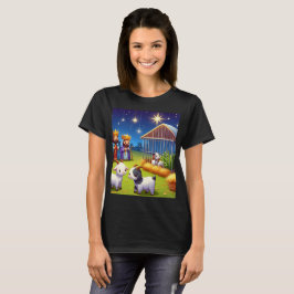 Een cartoon van een kerststal met t-shirt