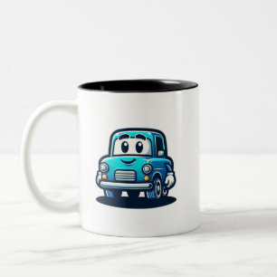 Een cartoon van een oude glimlachende blauwe auto tweekleurige koffiemok
