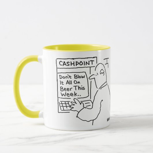 Een cashpoint machine geeft advies. bankbediende mok (Links)