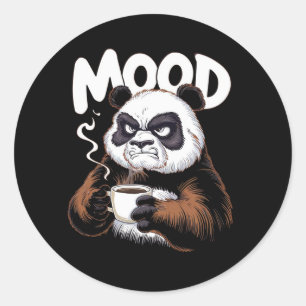 Een chagrijnige panda met een koffiekopje ronde sticker