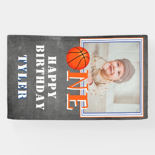 Een Chalkboard Basketbal Foto 1e Verjaardag Spandoek (Horizontaal)