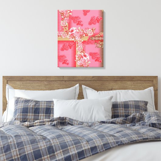 Een charmant bloemmotief in roze tinten en go canvas afdruk (Insitu (Slaapkamer))