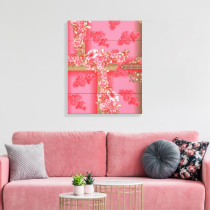 Een charmant bloemmotief in roze tinten en go canvas afdruk