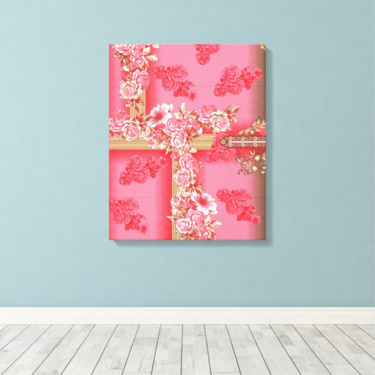 Een charmant bloemmotief in roze tinten en go canvas afdruk (Insitu (Houten vloer))