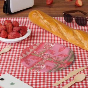 Een charmant bloemmotief in roze tinten en go papieren bordje