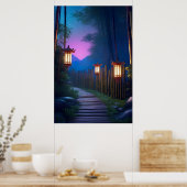 Een charmant houten pad verlicht door lantaarns poster (Keuken)