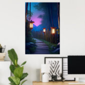 Een charmant houten pad verlicht door lantaarns poster (Thuiskantoor)