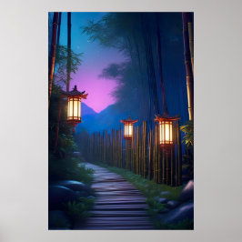 Een charmant houten pad verlicht door lantaarns poster