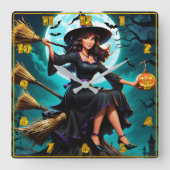 Een charmante heks met een pompoen in de schemerin vierkante klok (Voorkant)