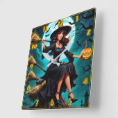 Een charmante heks met een pompoen in de schemerin vierkante klok (Hoek)