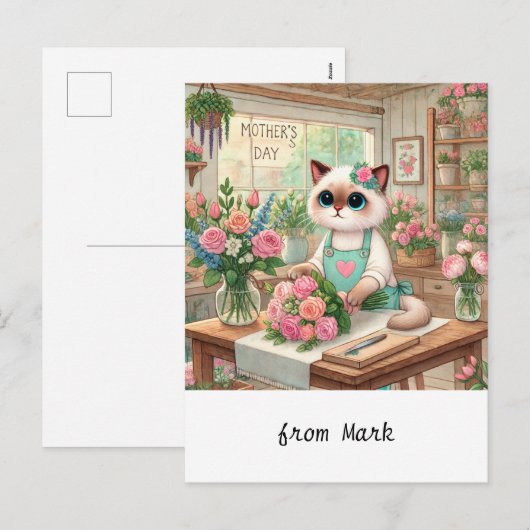 Een charmante kat regelt zorgvuldig mooie bloemen feestdagenkaart (Voorkant / Achterkant)