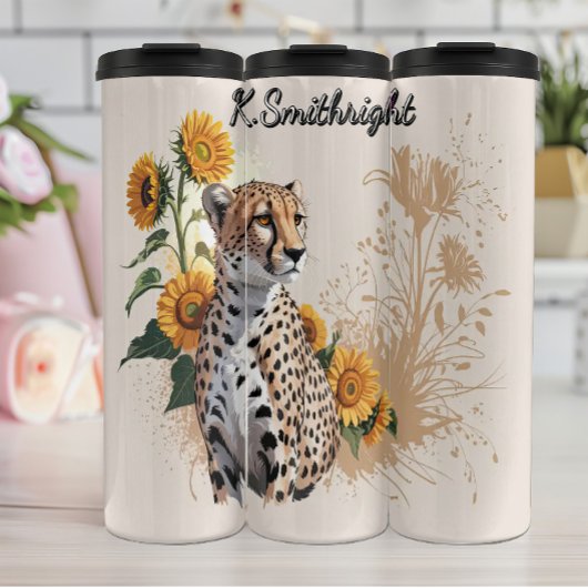 Een cheeta en zonnebloemen in Waterverf Thermosbeker