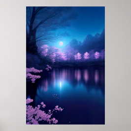 Een Cherry Blossom Lake bij nacht Poster