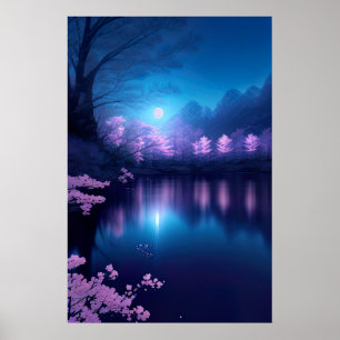 Een Cherry Blossom Lake bij nacht Poster