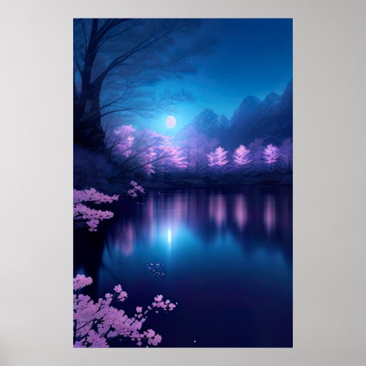 Een Cherry Blossom Lake bij nacht Poster (Voorkant)
