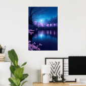 Een Cherry Blossom Lake bij nacht Poster (Thuiskantoor)