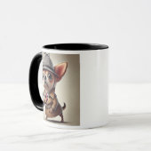 Een chihuahua-hond die op het vergrootglas is gede mok (Voorkant links)