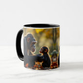 Een chimpansee kijkt met liefde naar zijn baby. mok (Voorkant links)