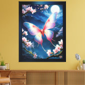 Een Chinese maanmot die tussen kersenbloesems vlie Canvas Afdruk (Insitu (Woonkamer))