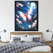 Een Chinese maanmot die tussen kersenbloesems vlie Canvas Afdruk (Insitu (Slaapkamer))