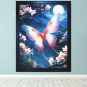 Een Chinese maanmot die tussen kersenbloesems vlie Canvas Afdruk (Insitu (Houten vloer))