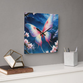 Een Chinese maanmot die tussen kersenbloesems vlie Vierkante Klok