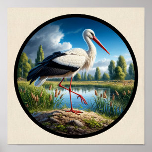 Een cirkelvormig 3D-beeld van een mooie ooievaar Poster