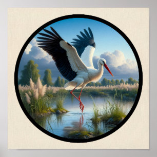 Een cirkelvormig 3D-beeld van een mooie ooievaar Poster