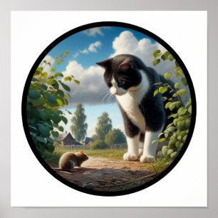 Een cirkelvormig 3D-beeld van een mooie tuxedo kat Poster