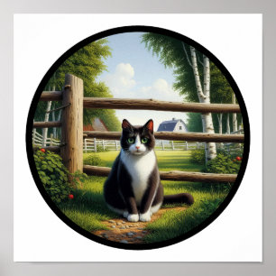 Een cirkelvormig 3D-beeld van een mooie tuxedo kat Poster