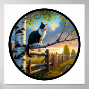 Een cirkelvormig 3D-beeld van een mooie tuxedo kat Poster