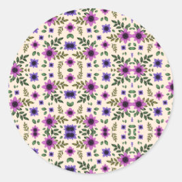 Een cirkelvormig bloempatroon bevat paars en roze ronde sticker