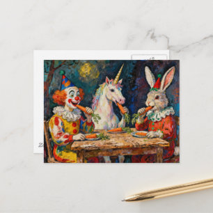 Een clown, een eenhoorn en een konijn die wortels  briefkaart