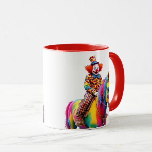 Een clown met rieten brengt een veelkleurig paard. mok (Voorkant rechts)