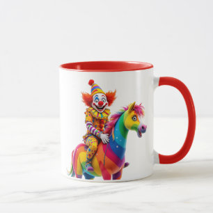 Een clown op haar bokpaard in de lucht. mok